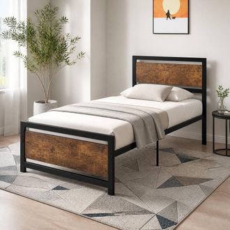 STILVORA Bed Frame with metal frame & industrial design in Brown | Size: Single