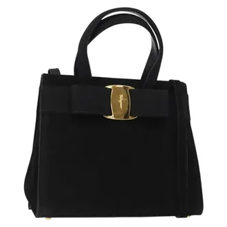 Ferragamo Convertible Vara Bow Tote Suede Black Suede Handbag (Pre-Owned)