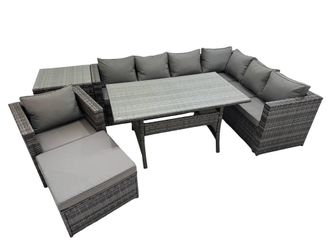 Fimous 8 Seater Patio Dining Corner Sofa Sets with Chair Big Stool Side Table in Dark Grey