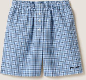 Miu Miu Checked Poplin Boxer Shorts, Woman, Lightblue / Blue, Size 1