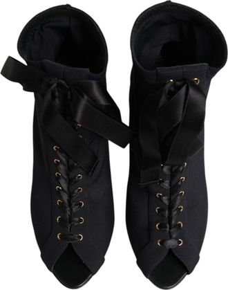 Dolce & Gabbana Womens Lace-Up Peep Toe Heel Boot Black Nylon Elastane Polyester
