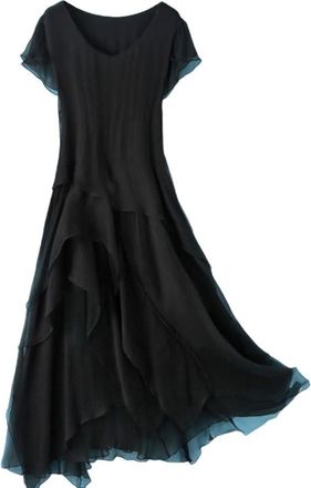 Dissa Women Black 100% Silk Dress Solid Round Neck Sleeveless Silk Knee-Length Casual Cocktail Party Prom Dress Asymmetric Slim Mulberry Silk Flowy Dress,UK