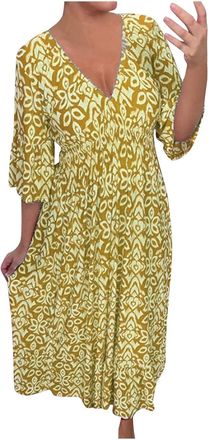 Generic Plus Size Summer Dresses V-Neck Floral Dress,Womens Plus-Size Fairy v-Neck Floral Dress Beach Holiday Beach Skirt Long Skirt Yellow