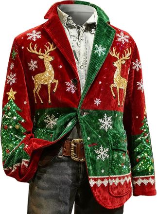 Generic Christmas Blazers for Men UK Corduroy Jacket Ugly Christmas Blazer Jackets Xmas Festive Costume Party Blazer Slim Fit Single-Breasted Suit Jacket Nove