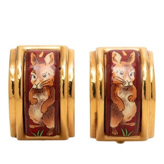 Herm&egrave;s Pre-owned Hermes Enamel Rabbit Print Cloisonne Clip On Earrings Ladies V4TVR7DXI17F0UAZ