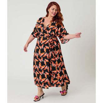 Unique Vintage Plus Size 1970s Wrap Midi Dress in Black W/Red Butterfly Print at Nordstrom, Size 1X