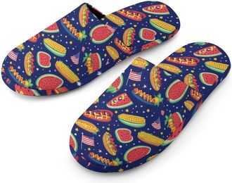 Generic Hot Dogs Watermelon Corn U.S. Flag Mens Cotton Slippers Memory Foam Comfort House Shoes Winter Indoor Slipper for Hotel Casa Spa