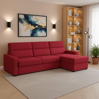 Dmora Sof&aacute; Fijo Con Chaise Longue Vigonovo, Desenfundable, Reversible Made In Italy, Hidr&oacute;fugo Multiposici&oacute;n, 280x160 Cm Rojo