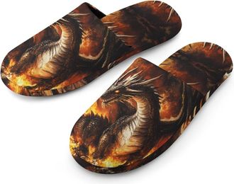 Generic Fire And Dragon Cotton Slippers for Men Memory Foam House Slippers Soft Anti-skid Sole Indoor Outdoor Shoes