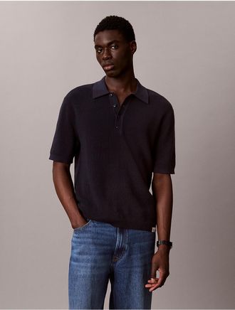 Calvin Klein Jeans Calvin Klein Mens Waffle Cotton Polo Sweater - Navy - 2XL