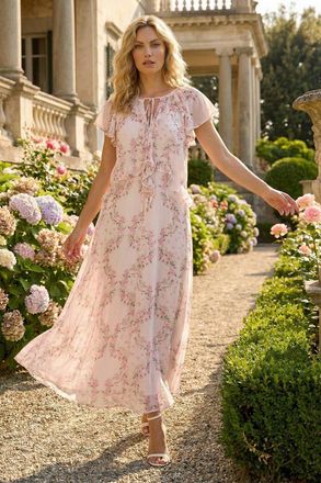 Roman Floral Frill Flutter Sleeve Dress
