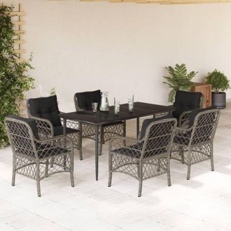 vidaXL Set Comedor Jard&iacute;n 7 Pzas Y Cojines Rat&aacute;n Sint&eacute;tico Gris Vidaxl
