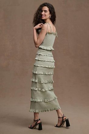 V. Chapman Lily Ruched & Ruffled Stretch Satin Midi Dress