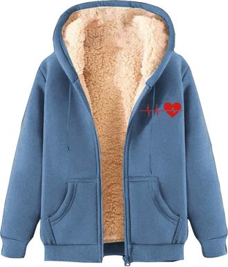 Generic Hoodies for Women Uk Teddy Fleece Hoodie Fleece Jacket Women Winter Coat Sherpa Lined Jacket Full Zip Hoodie Heart Print Teddy Bear Coats Ladies Warme