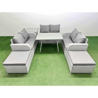 Fimous Fimous Rattan Garden Furniture Dining Set 8-seater Patio Rectangular Table Love Sofa Set with Side Table 2 Big Stools