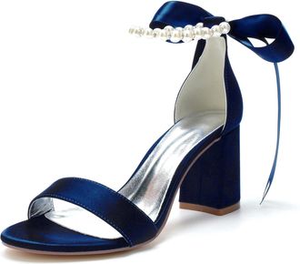 Generic Bridal Shoes Block Heel Wedding High Heels Sandals Open Toe Party Dress Heels Wedding Shoes 8Cm,Dark Blue,10 UK