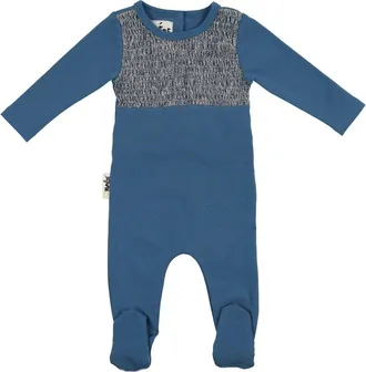 Maniere Metallic Smocked Bodice Footie in Denim Blue at Nordstrom, Size 12 M