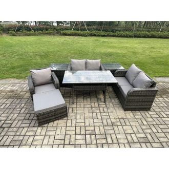 Fimous Lounge Rattan Sofa Set Outdoor Garden Furniture Oblong Rectangular Dining Table With Chairs 2 Side Tables Big Footstool Dark Grey Mixed - Fimous