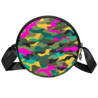 Generic Circle Crossbody Bag for Women, Colorful Camouflage Small Sling Bag Daypack with Zipper Adjustable Shoulder Straps Casual Ladies Girls Round Purse