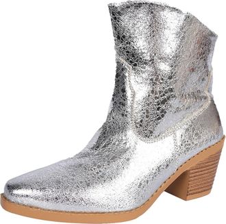 Generic Womens Shiny PU Boots Mid Heel Block Heel Short Boots Rubber Glue Waterproof, silver, 2/2.5 UK