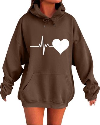 Generic Hoodies For Women Uk Heart Print Womens Sweatshirt Hood Drawstring Winter Warm Solid Colour Pullover Sweatshirt With Pockets Fleece Lined Oversized Ho