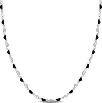 Mimi & Max Black Enamel Bead Heart Link Station Necklace in Sterling Silver - 18+1 in