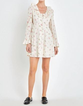 English Factory Floral Ruffled Neck Dress In Ivory