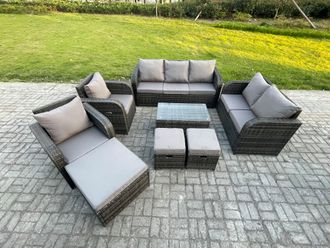 Fimous Patio Garden Furniture Sets Wicker 10 Seater Outdoor Rattan Furniture Sofa Sets with Rectangular Coffee Table Reclining Chair Loveseat Sofa
