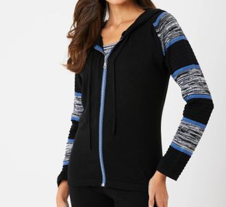 French Kyss Womens Stripe Sleeve Zip Up Hoodie In Black Denim