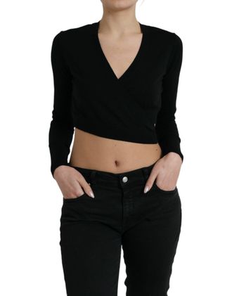 Dolce & Gabbana Womens Long Sleeve Vneck Wrap Crop Knit Top - Black Wool - Size EU 40 (Womens)