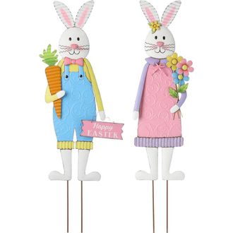 Glitzhome Set of 2 Metal Bunny Boy and Girl Yard Stake or Standing Decor or Wall Decor in Blue at Nordstrom, Size Medium