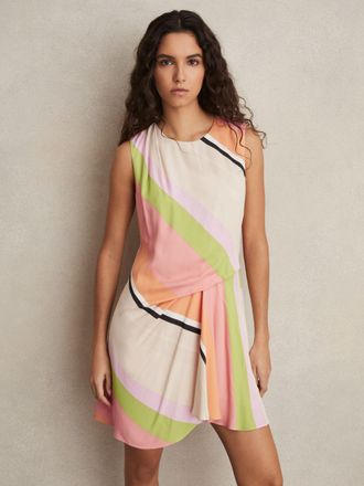 Reiss Womens Pink & Green Striped Tuck Mini Dress, Size: 16
