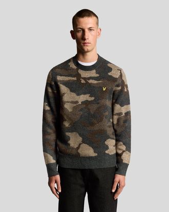 Lyle & Scott geborstelde camouflage trui met ronde hals - zwart
