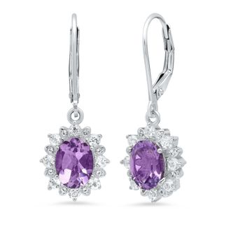MAX + STONE Sterling Silver Halo Sunburst Oval Gemstone Leverback Earrings with White Topaz Accent