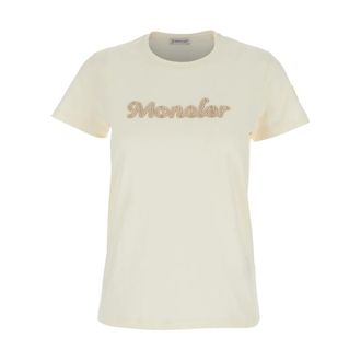 Moncler T-shirt in cotone con logo ricamato - - Tops - Donna - Bianco - S