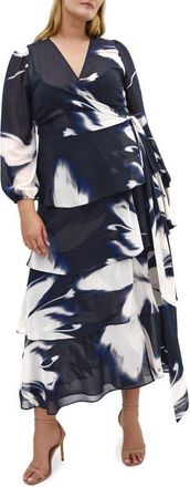 City Chic Selene Floral Print Long Sleeve Wrap Dress in Blurred Fl at Nordstrom, Size Xl