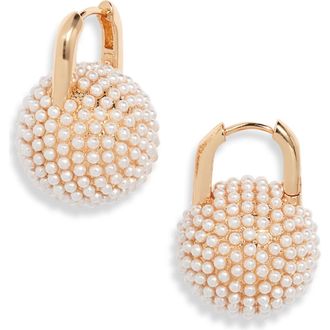 Open Edit Micro Faux Pearl Pav&eacute; Orb Huggie Hoop Earrings in White- Gold at Nordstrom