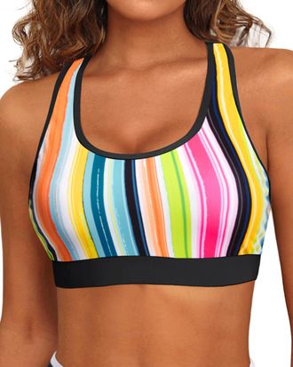 Holipick Womens Sports Bra Bikini Tops Racerback Swim Top Scoop Neck Bathing Suits Top Modest Padded Crop Tops Swimsuit Only, Colorful Striped, XL
