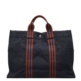 Herm&egrave;s Brown Navy Cotton Handbag Tote Bag (Pre-Owned)