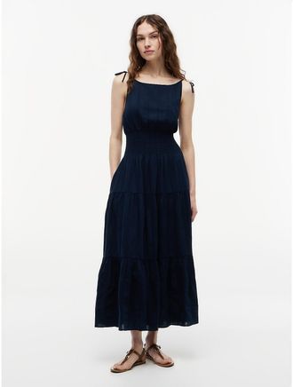 Tommy Hilfiger Womens Tiered Seersucker Midi Dress - Navy - XL