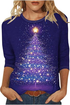 Generic Christmas Jumpers for Women UK Funny Cute Glitter Xmas Tree Graphic Printed Sweatshirts Crew Neck 3/4 Sleeve T Shirt Casual Print Patterns Holiday Jum