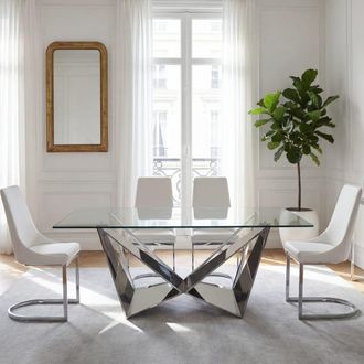 Pondecor Interiorismo Mesa de comedor de dise&ntilde;o, acero inoxidable efecto espejo y cristal