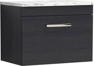 Nuie Nuie - Athena Wall Hung 1-Drawer Vanity Unit with Carrera Marble Worktop 600mm Wide - Charcoal Black Woodgrain