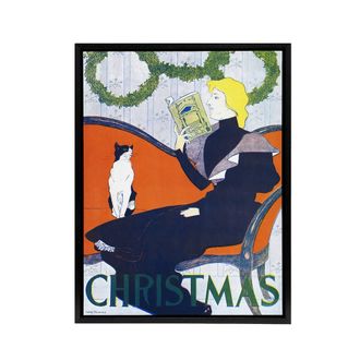 Artery8 Vintage Christmas Woman With Cat Framed Canvas Wall Art Print E Penfield in Red | Size: W24 x H32