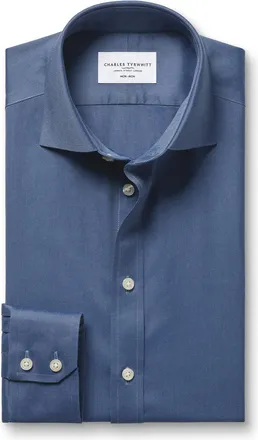 CHARLES TYRWHITT Cutaway Collar Non-Iron Twill Cotton Formal Shirt - Denim Blue Single Cuff Size 15.5/33 by Charles Tyrwhitt