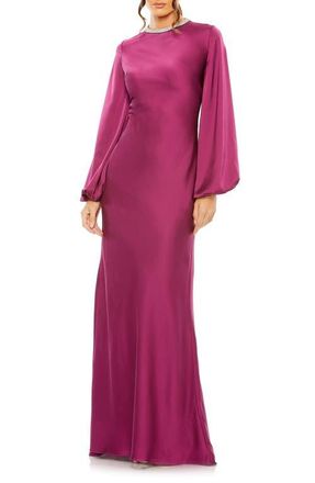 Mac Duggal Beaded High Neck Bishop Sleeve Satin Gown in Berry at Nordstrom, Size 16