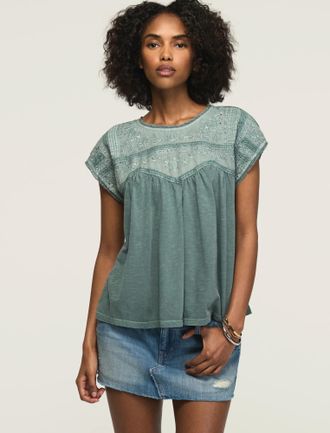 Lucky Brand Womens Embroidered Dolman Yoke Top