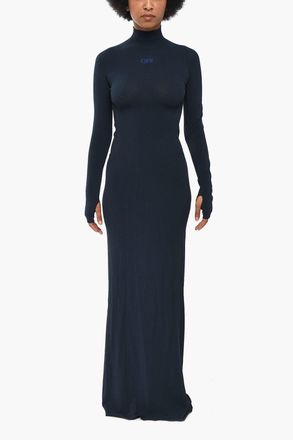 Off-white Maxi Dress in Maglia con Manica a Guanto Off-White