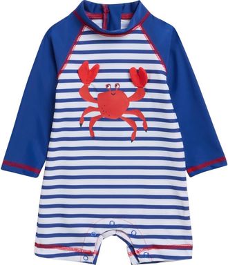 Little Me Crab Long Sleeve UPF 50+ One-Piece Rashguard Swimsuit in Blue Stripe at Nordstrom, Size 6-9M