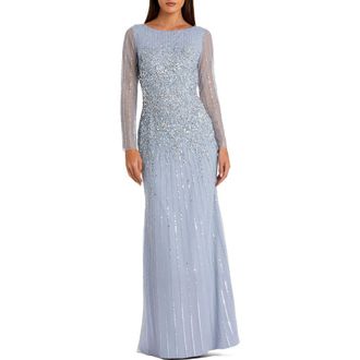 Mac Duggal High Neck Sequin Embellished Long Sleeve A Line Gown in Powder Blue at Nordstrom, Size 12